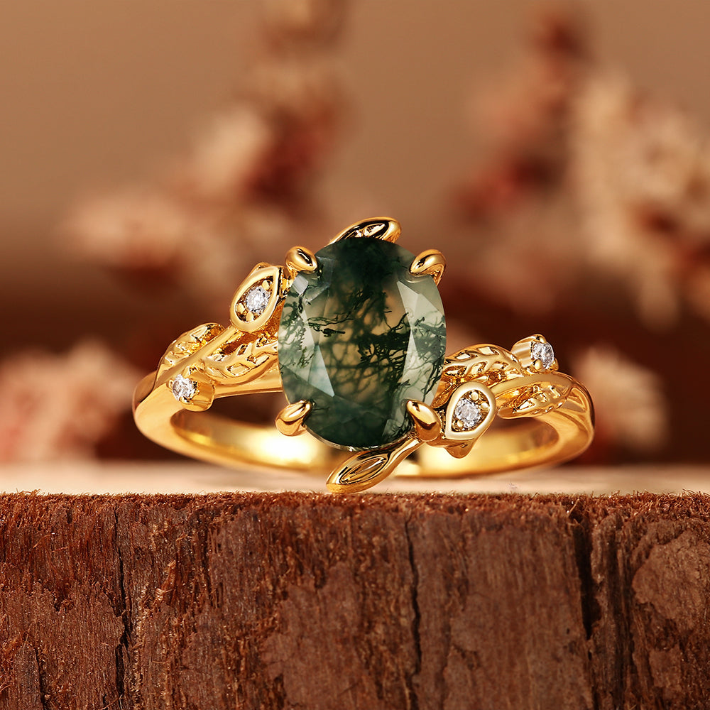 Unique Oval Cut Moss Agate Nature Inspired Leaf Branch Engagement Ring