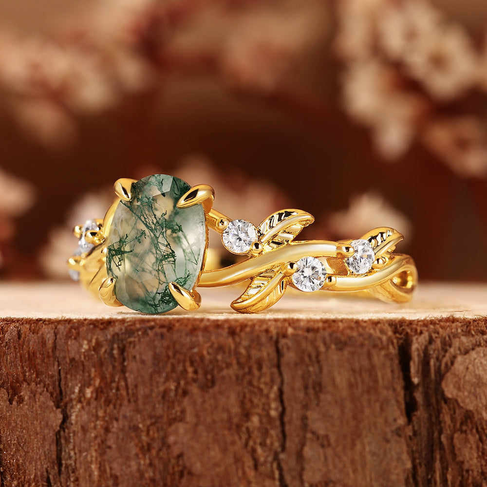 Nature Inspired Leaf Vine Oval Cut Moss Agate Engagement Ring