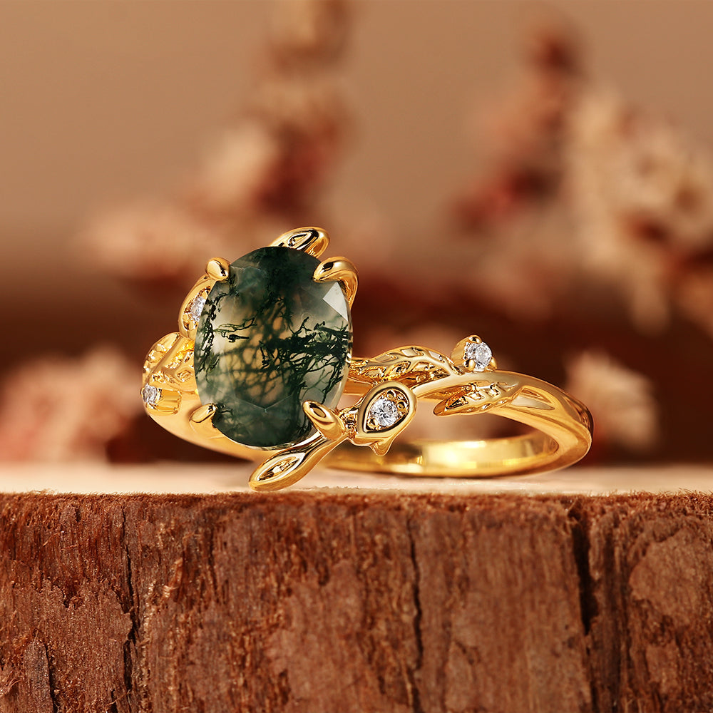 Unique Oval Cut Moss Agate Nature Inspired Leaf Branch Engagement Ring