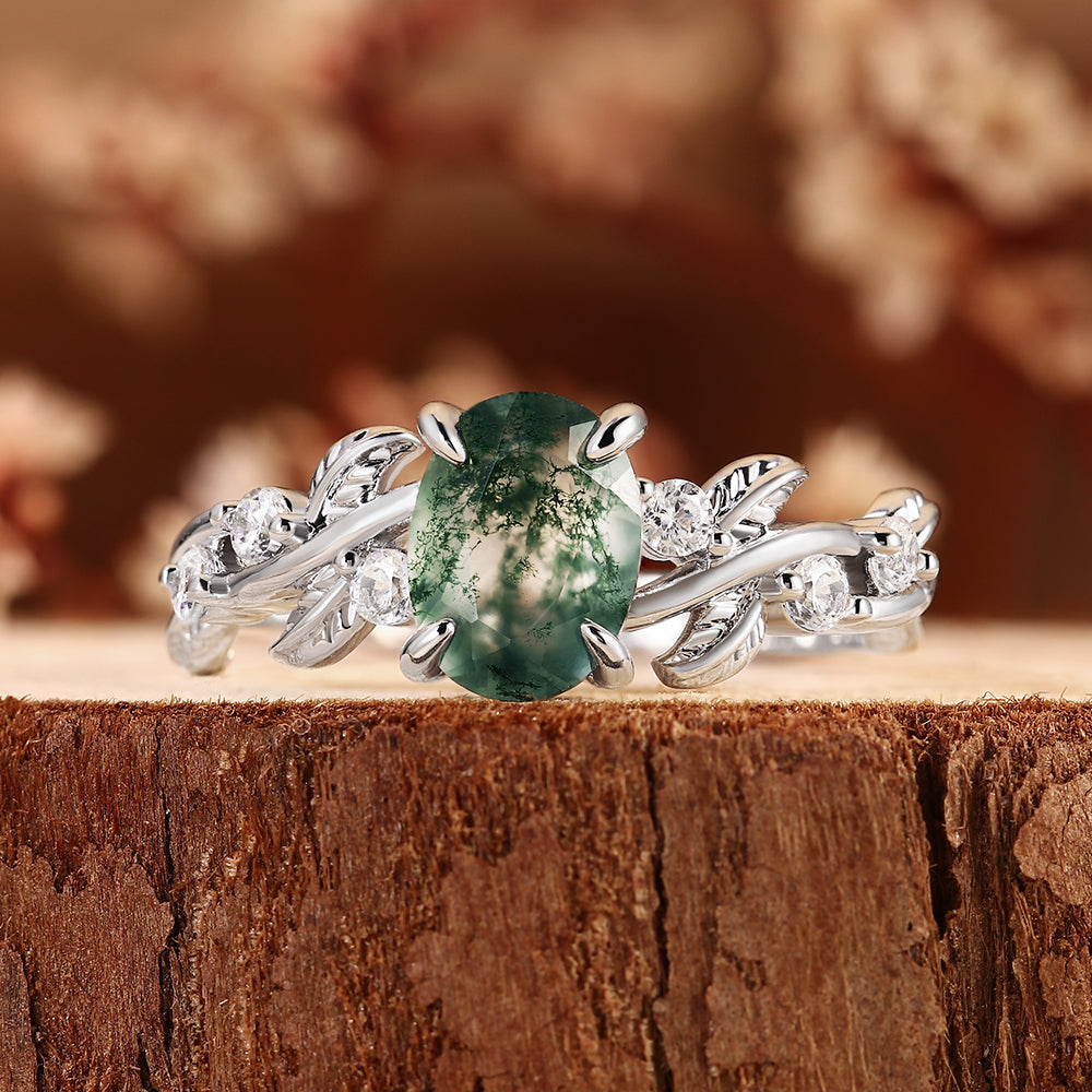 Nature Inspired Leaf Vine Oval Cut Moss Agate Engagement Ring