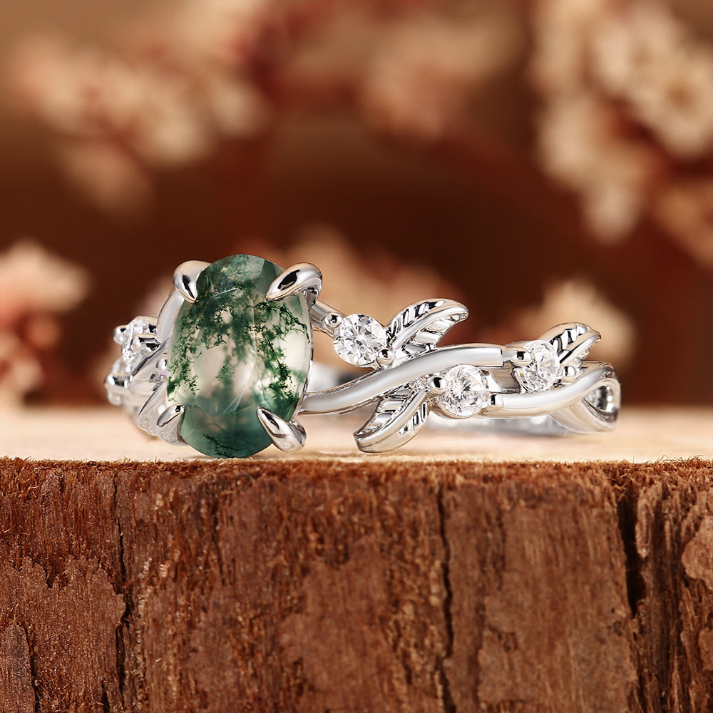 Nature Inspired Leaf Vine Oval Cut Moss Agate Engagement Ring