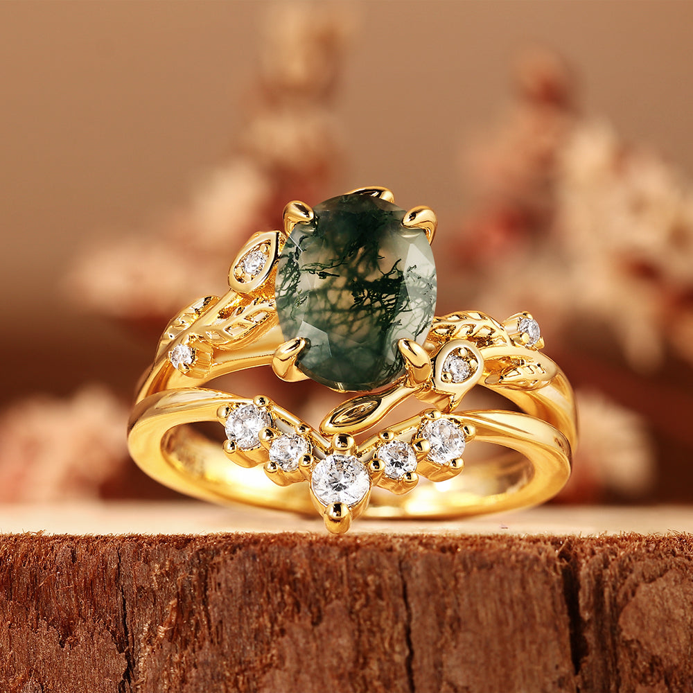 Oval Cut Moss Agate Leaf Unique Nature Inspired Bridal Ring Set