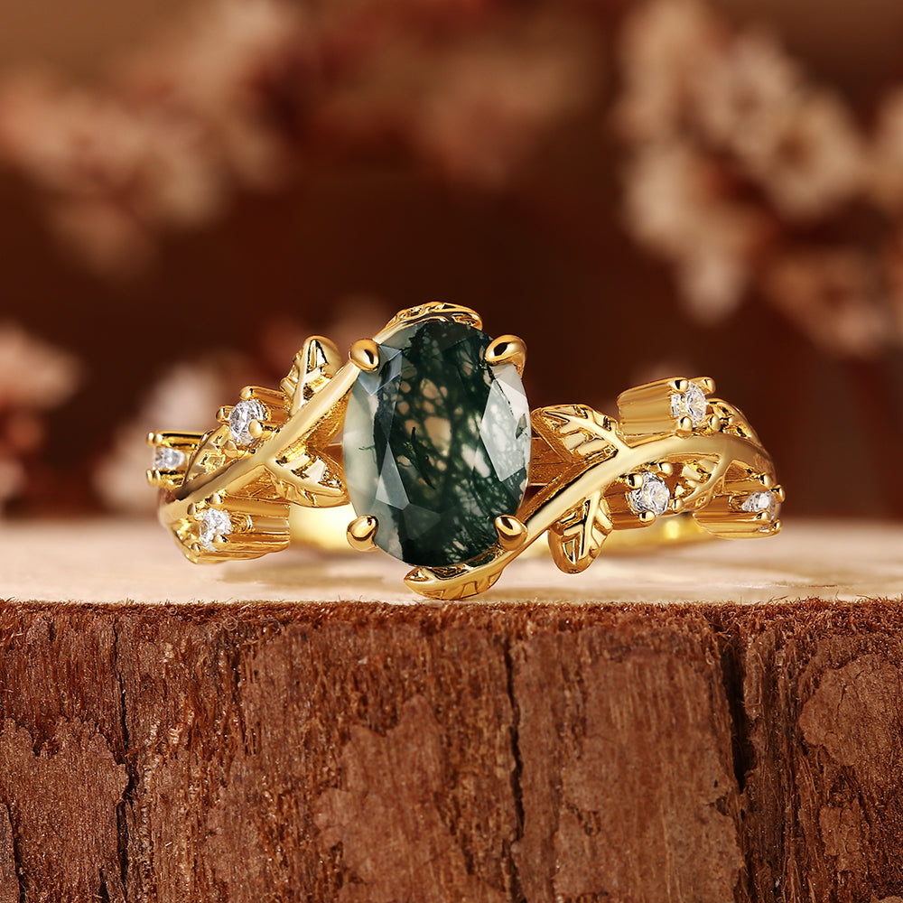 Nature Inspired Oval Cut Moss Agate Leaf & Vine Engagement Ring