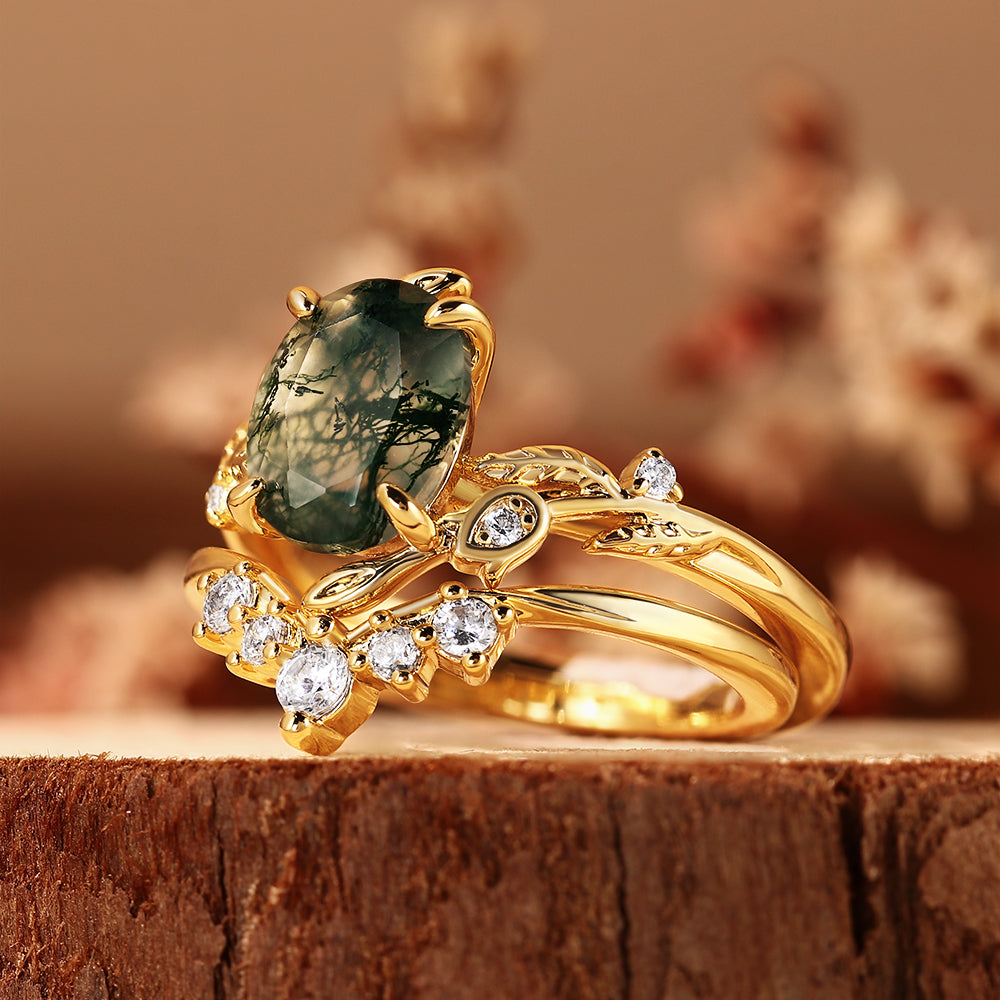 Oval Cut Moss Agate Leaf Unique Nature Inspired Bridal Ring Set