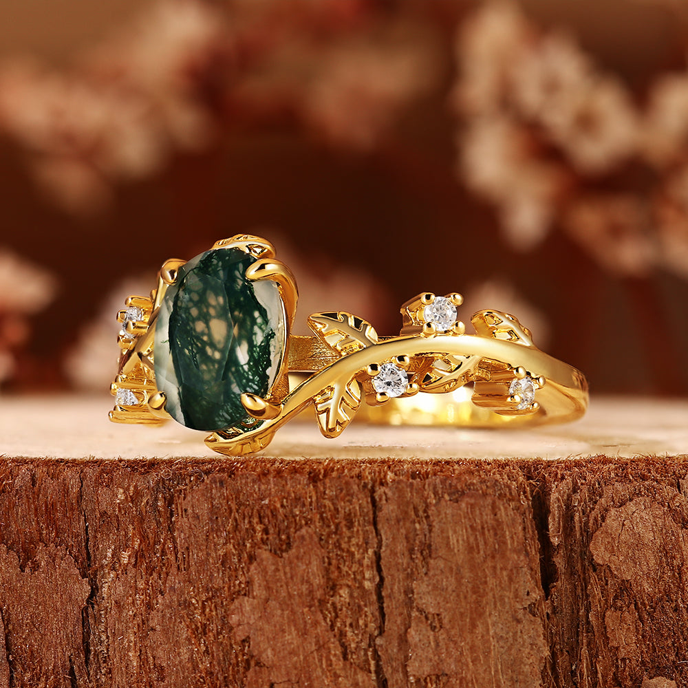 Nature Inspired Oval Cut Moss Agate Leaf & Vine Engagement Ring