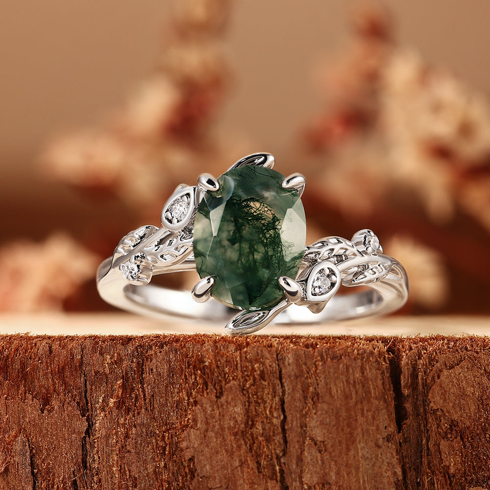 Unique Oval Cut Moss Agate Nature Inspired Leaf Branch Engagement Ring
