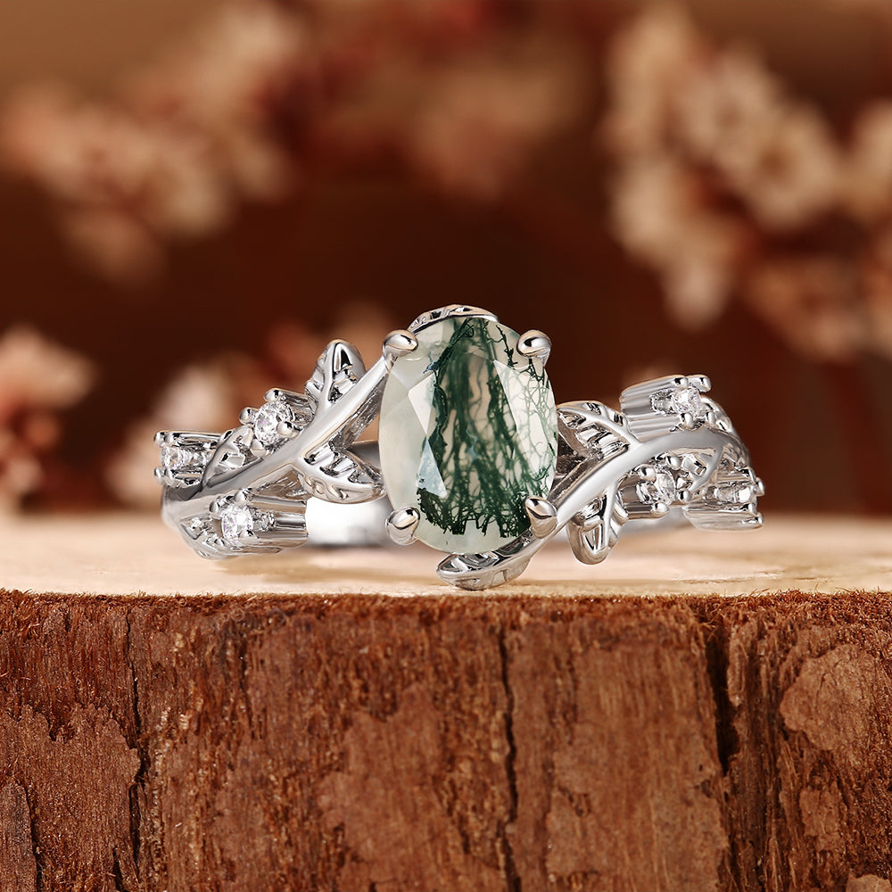 Nature Inspired Oval Cut Moss Agate Leaf & Vine Engagement Ring