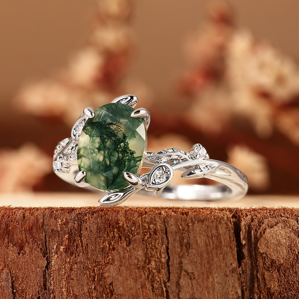 Unique Oval Cut Moss Agate Nature Inspired Leaf Branch Engagement Ring