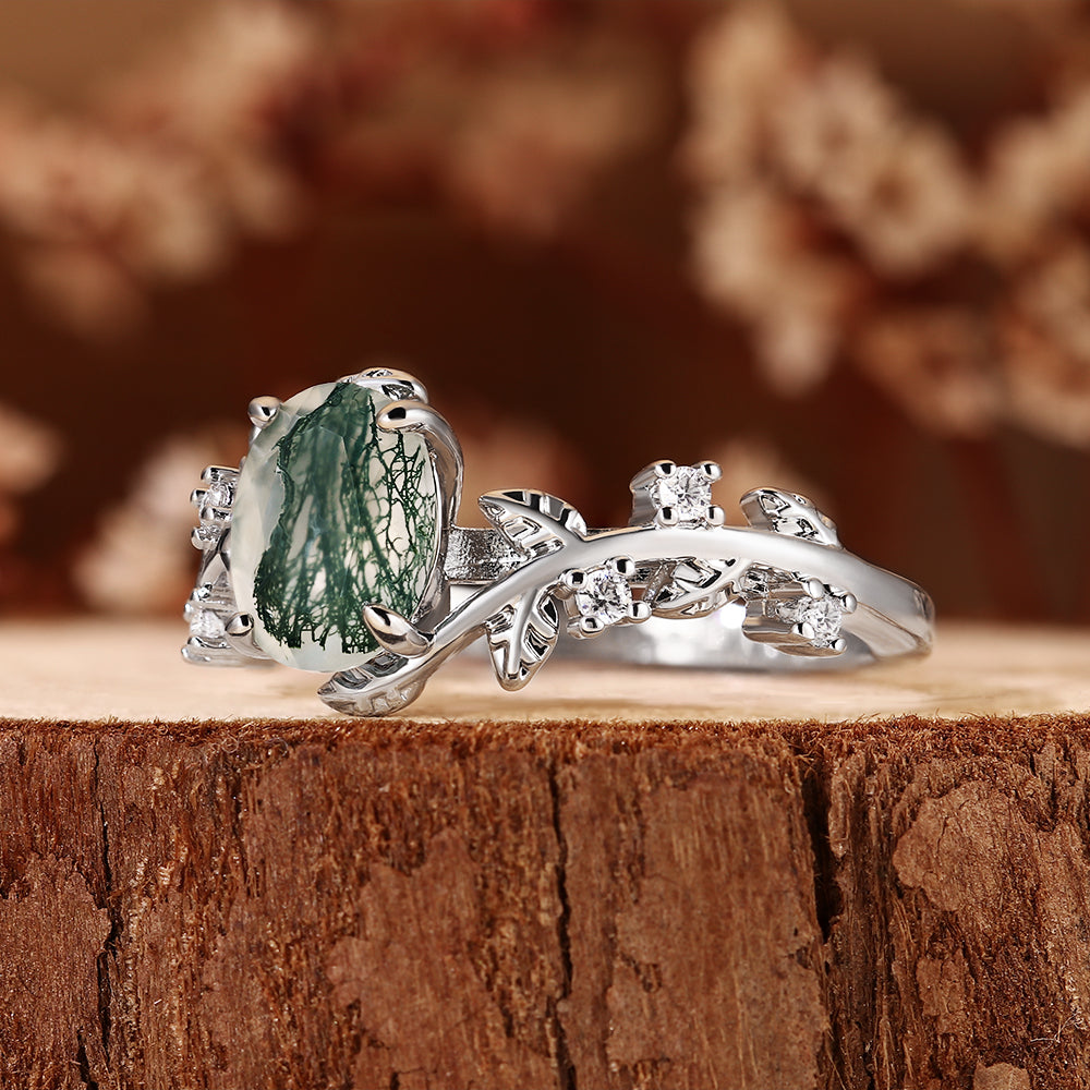 Nature Inspired Oval Cut Moss Agate Leaf & Vine Engagement Ring