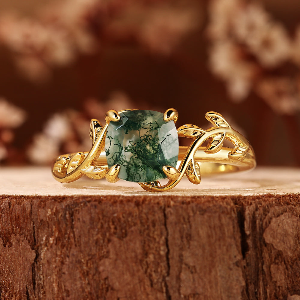 Nature Inspired Leaf Vine Cushion Cut Moss Agate Engagement Ring