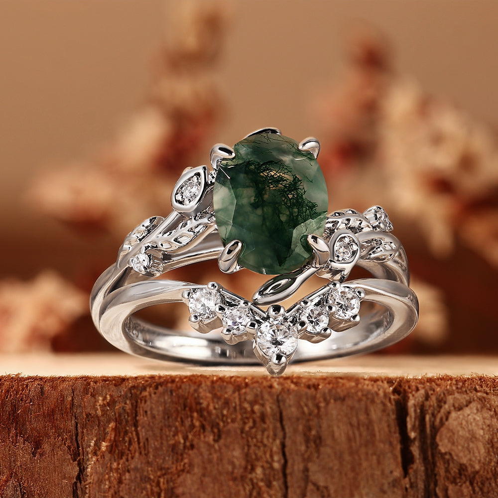 Oval Cut Moss Agate Leaf Unique Nature Inspired Bridal Ring Set