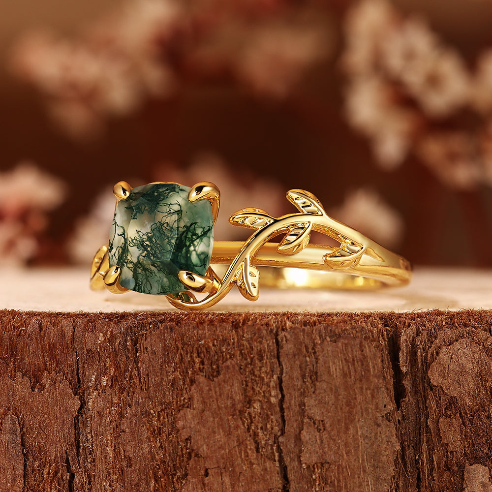 Nature Inspired Leaf Vine Cushion Cut Moss Agate Engagement Ring