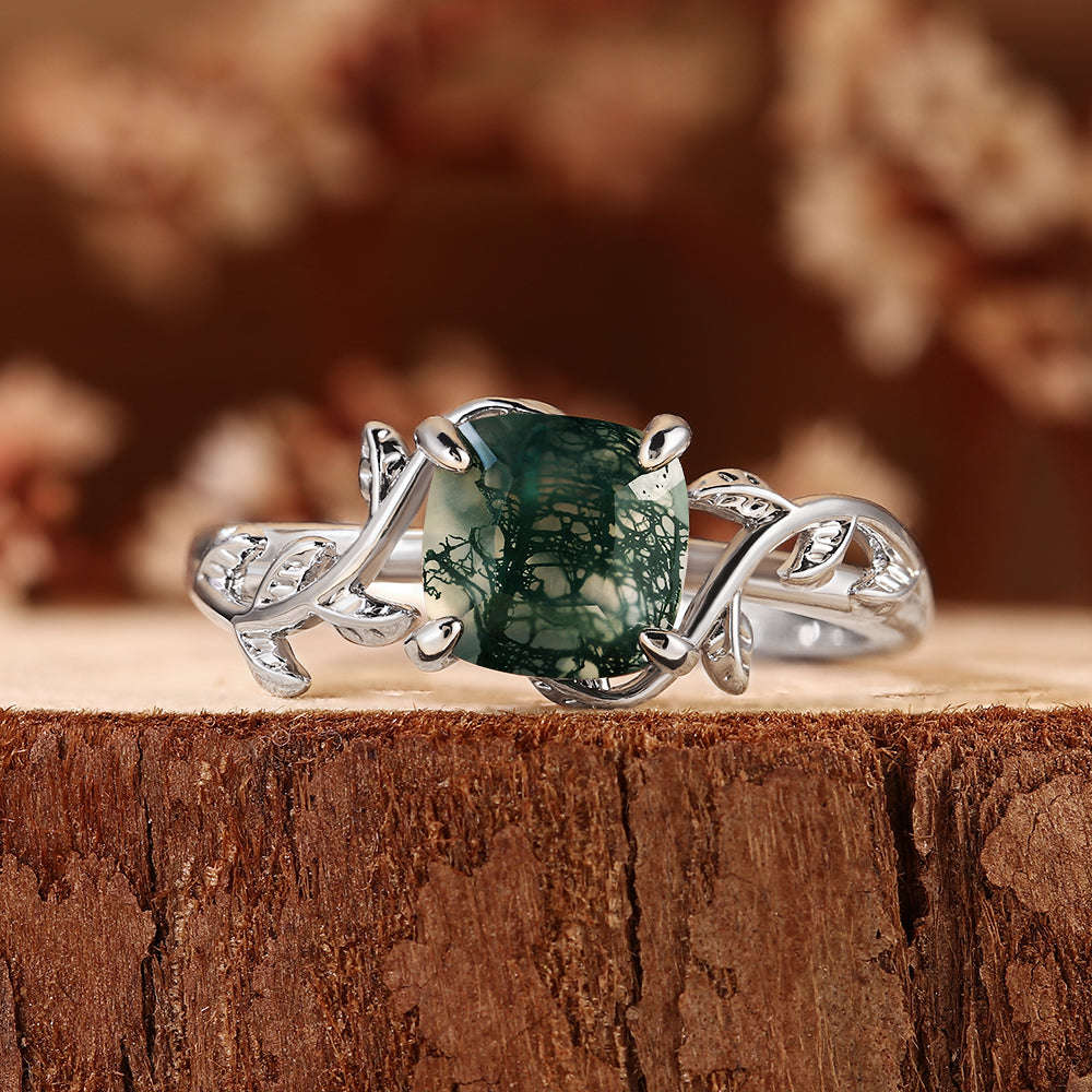 Nature Inspired Leaf Vine Cushion Cut Moss Agate Engagement Ring