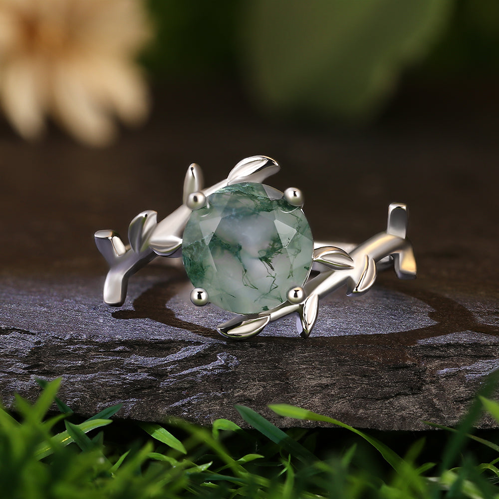 8mm Round Cut Moss Agate Nature Inspired Branch & Leaf Engagement Ring