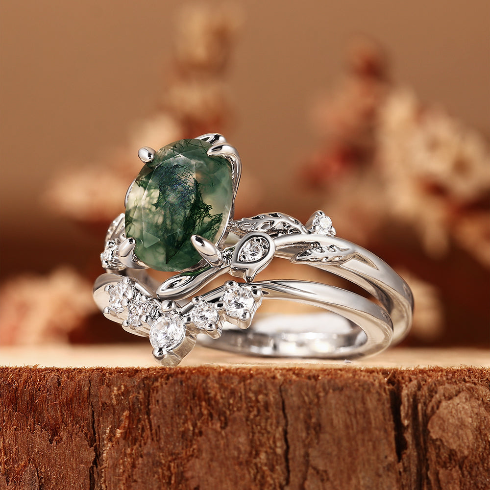 Oval Cut Moss Agate Leaf Unique Nature Inspired Bridal Ring Set