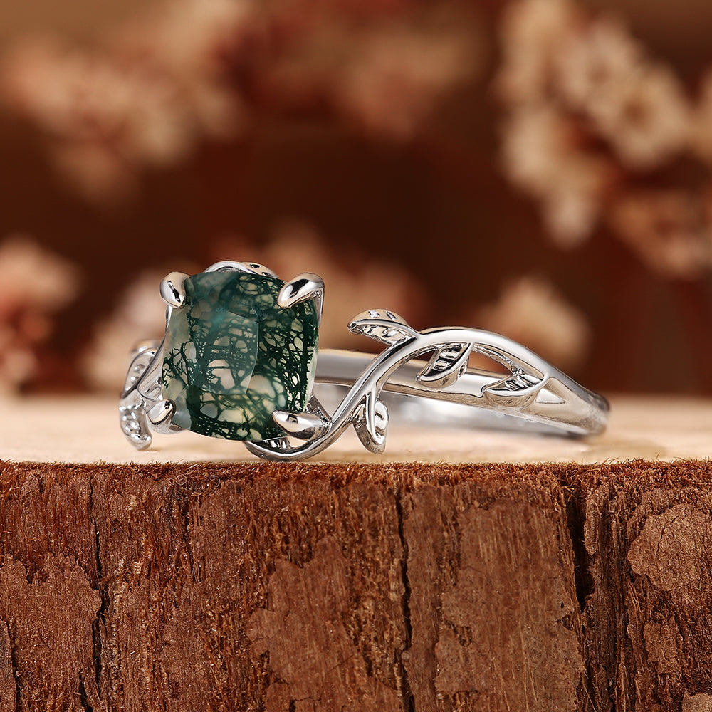Nature Inspired Leaf Vine Cushion Cut Moss Agate Engagement Ring
