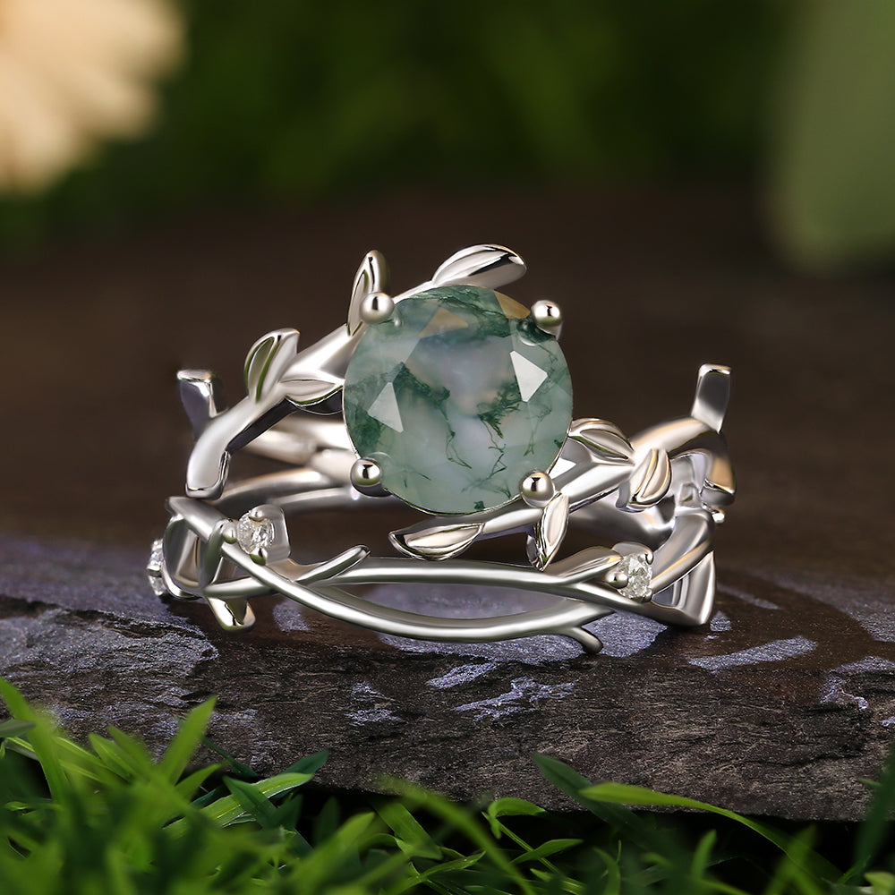 8mm Round Cut Moss Agate Nature Inspired Twisted Vine & Leaf Bridal Ring