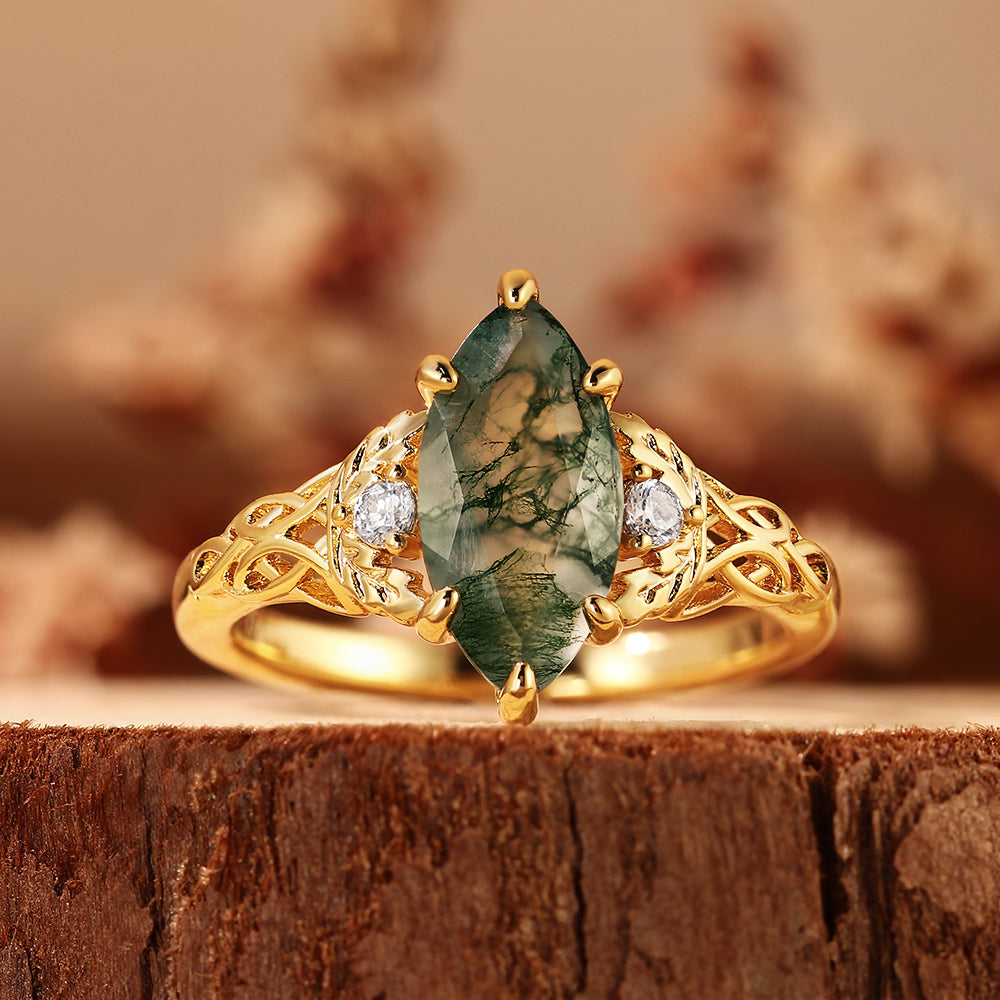 Botanical Marquise Cut Moss Agate Leaves & Celtic Knot Engagement Ring