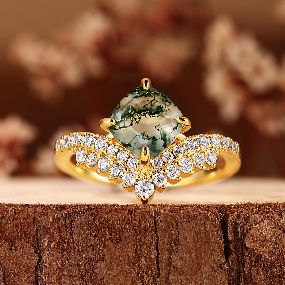 Vintage Natural Cushion Cut Moss Agate Engagement Ring