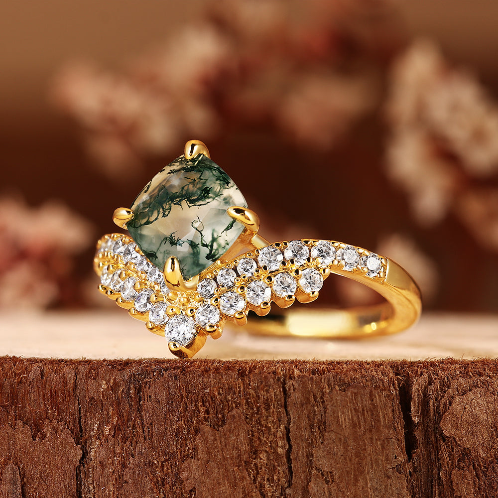 Vintage Natural Cushion Cut Moss Agate Engagement Ring