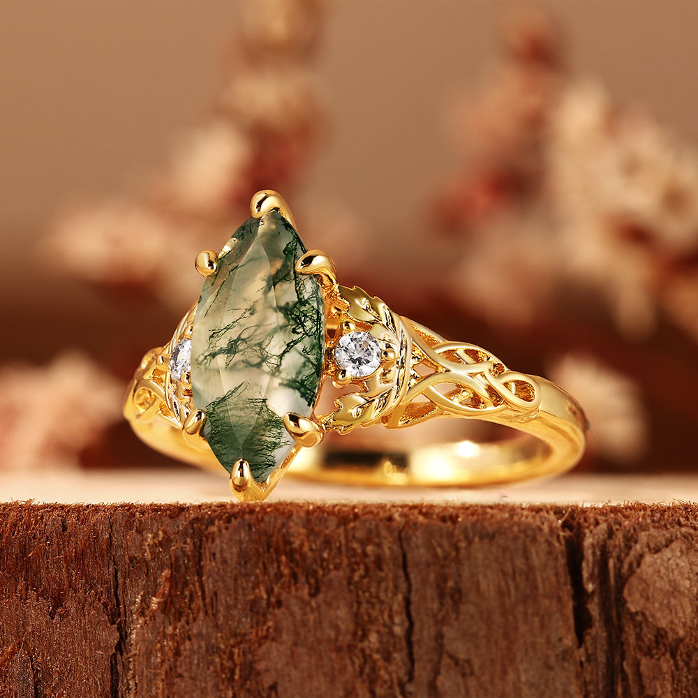 Botanical Marquise Cut Moss Agate Leaves & Celtic Knot Engagement Ring