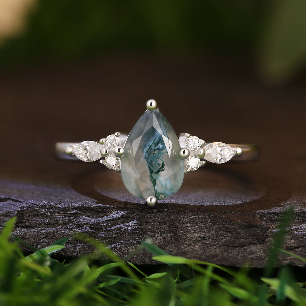 7x9mm Pear Cut Moss Agate Nature Inspired Marquise Accent Engagement Ring