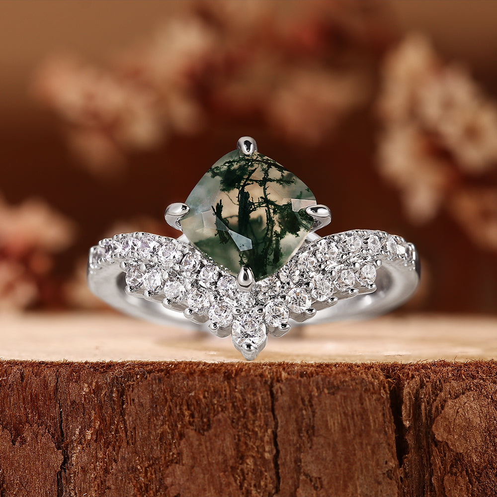 Vintage Natural Cushion Cut Moss Agate Engagement Ring