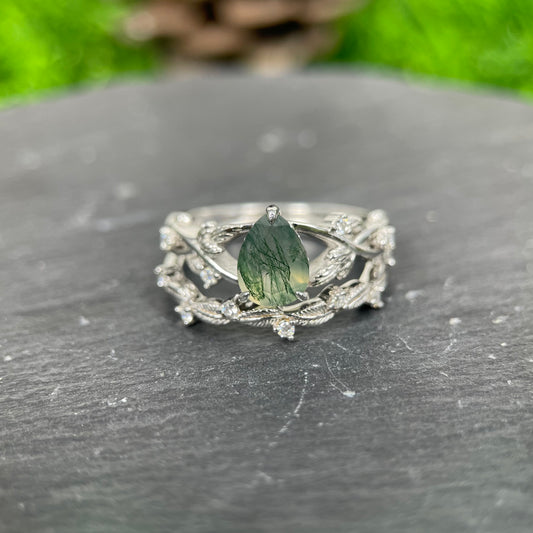 [Buy 1 Get 1 Free]6*8mm Unique Twig Pear Moss Agate Engagement Ring  Leaf Nature Inspired Wedding Ring  Bridal Set