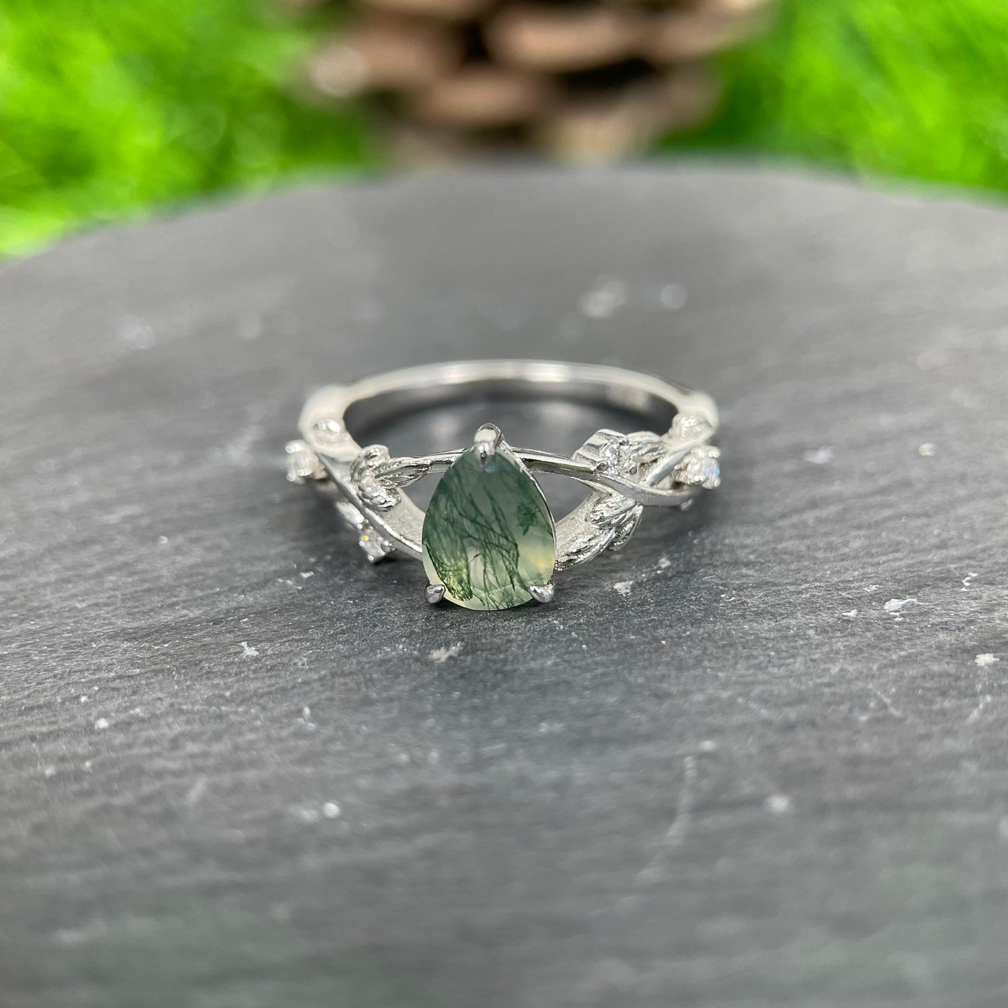 [Buy 1 Get 1 Free]6*8mm Unique Twig Pear Moss Agate Engagement Ring  Leaf Nature Inspired Wedding Ring  Bridal Set