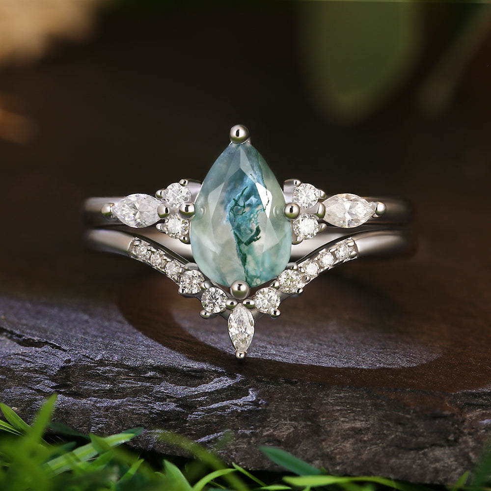 7x9mm Pear Cut Moss Agate Nature Inspired Vine & Marquise Accent Bridal Ring