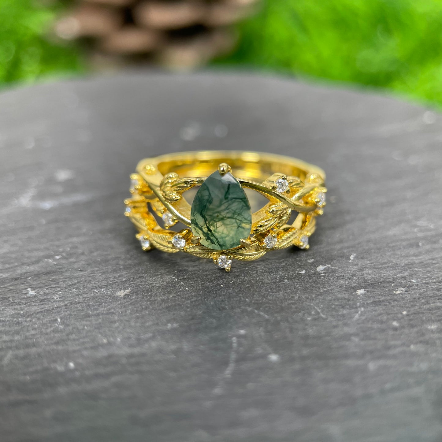 [Buy 1 Get 1 Free]6*8mm Unique Twig Pear Moss Agate Engagement Ring  Leaf Nature Inspired Wedding Ring  Bridal Set