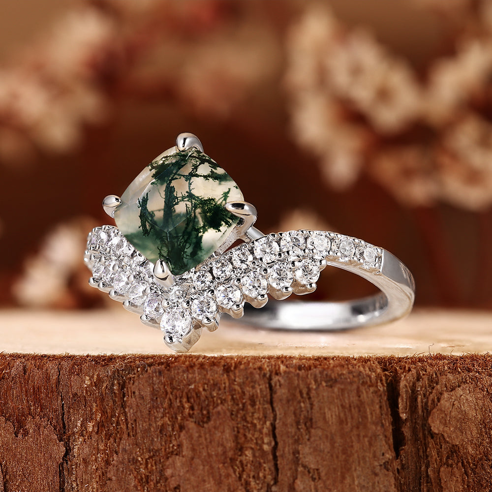 Vintage Natural Cushion Cut Moss Agate Engagement Ring