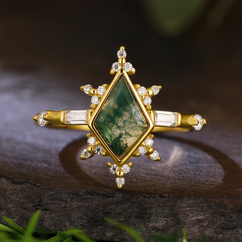 8x11mm Kite Cut Moss Agate Starburst Halo Baguette Engagement Ring