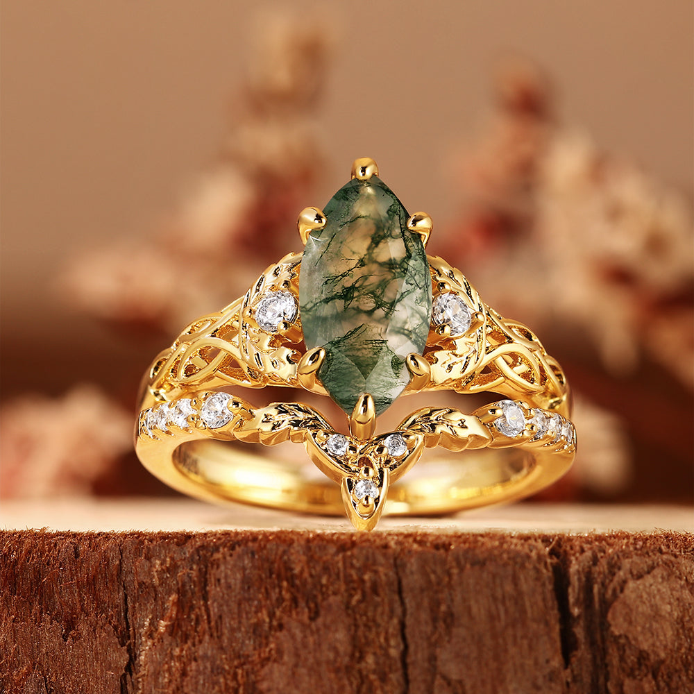 Vintage Marquise Cut Leaf Accent Celtic Knot Moss Agate Bridal Set