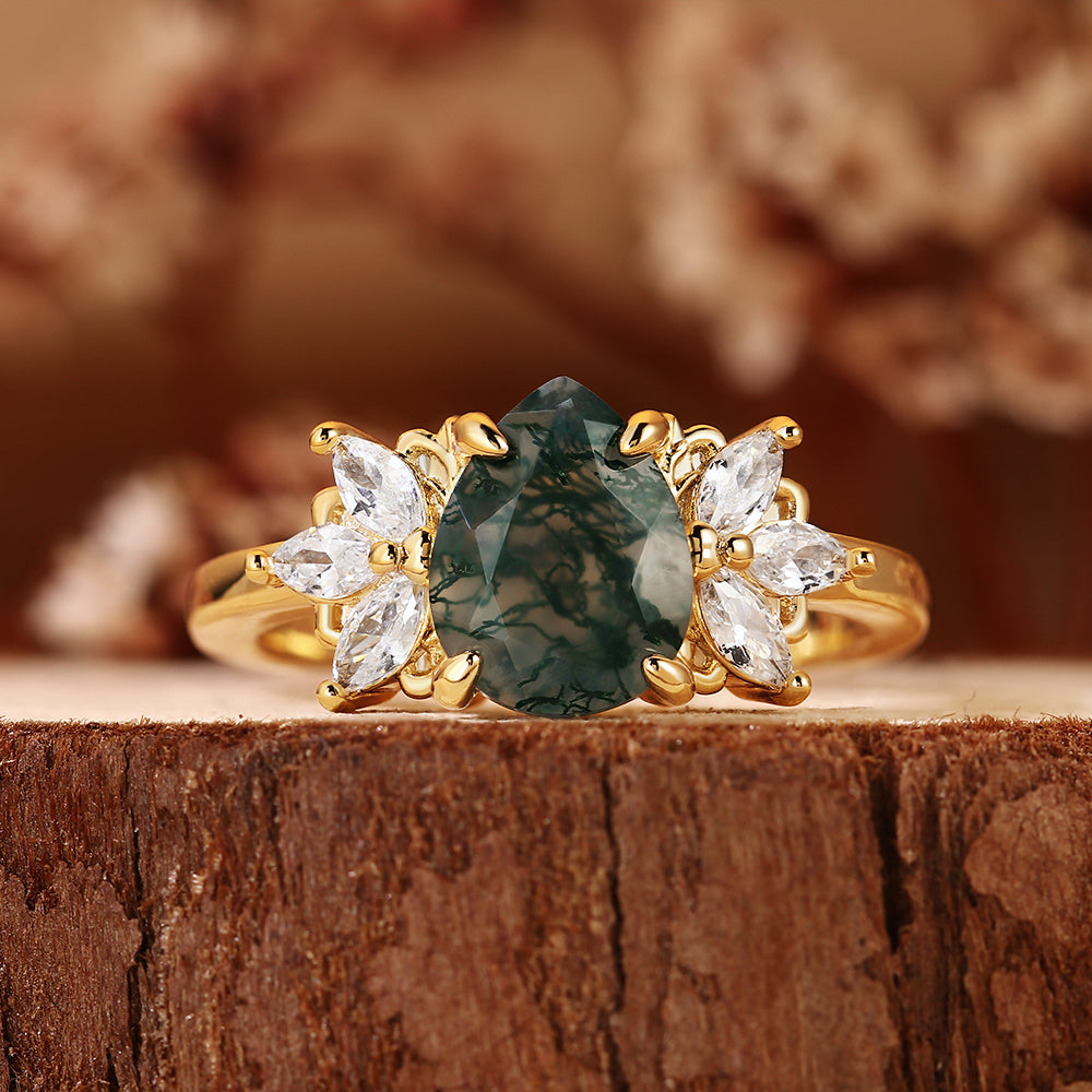 Botanical Pear Cut Moss Agate Vintage Marquise Cluster Leaf Engagement Ring
