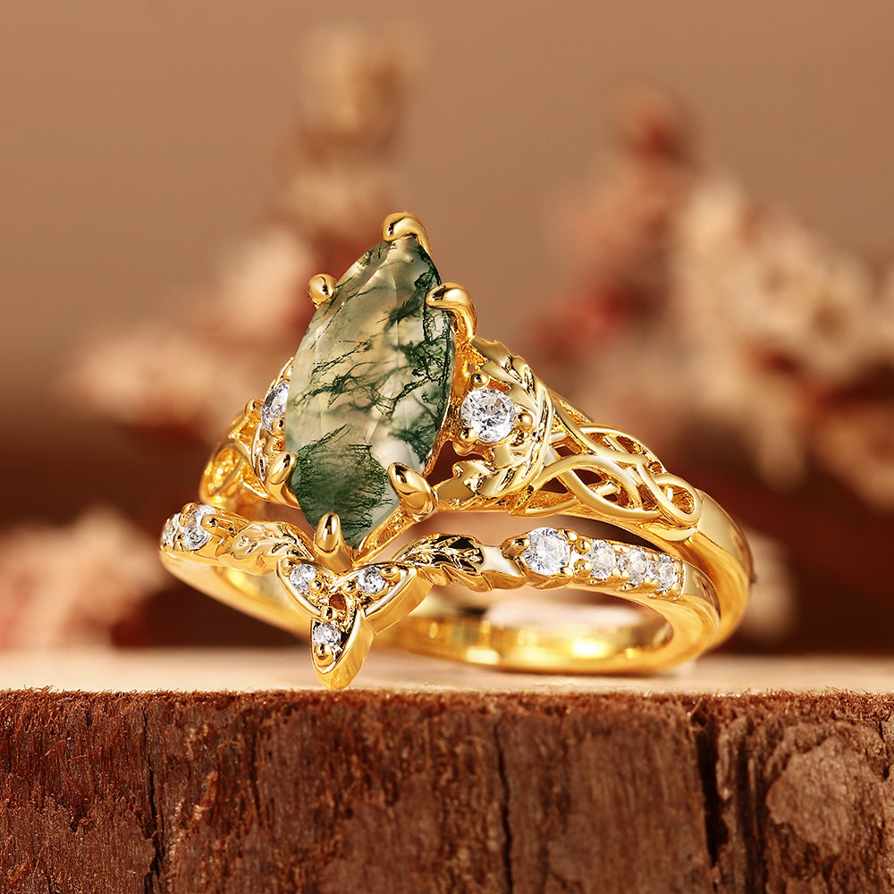 Vintage Marquise Cut Leaf Accent Celtic Knot Moss Agate Bridal Set