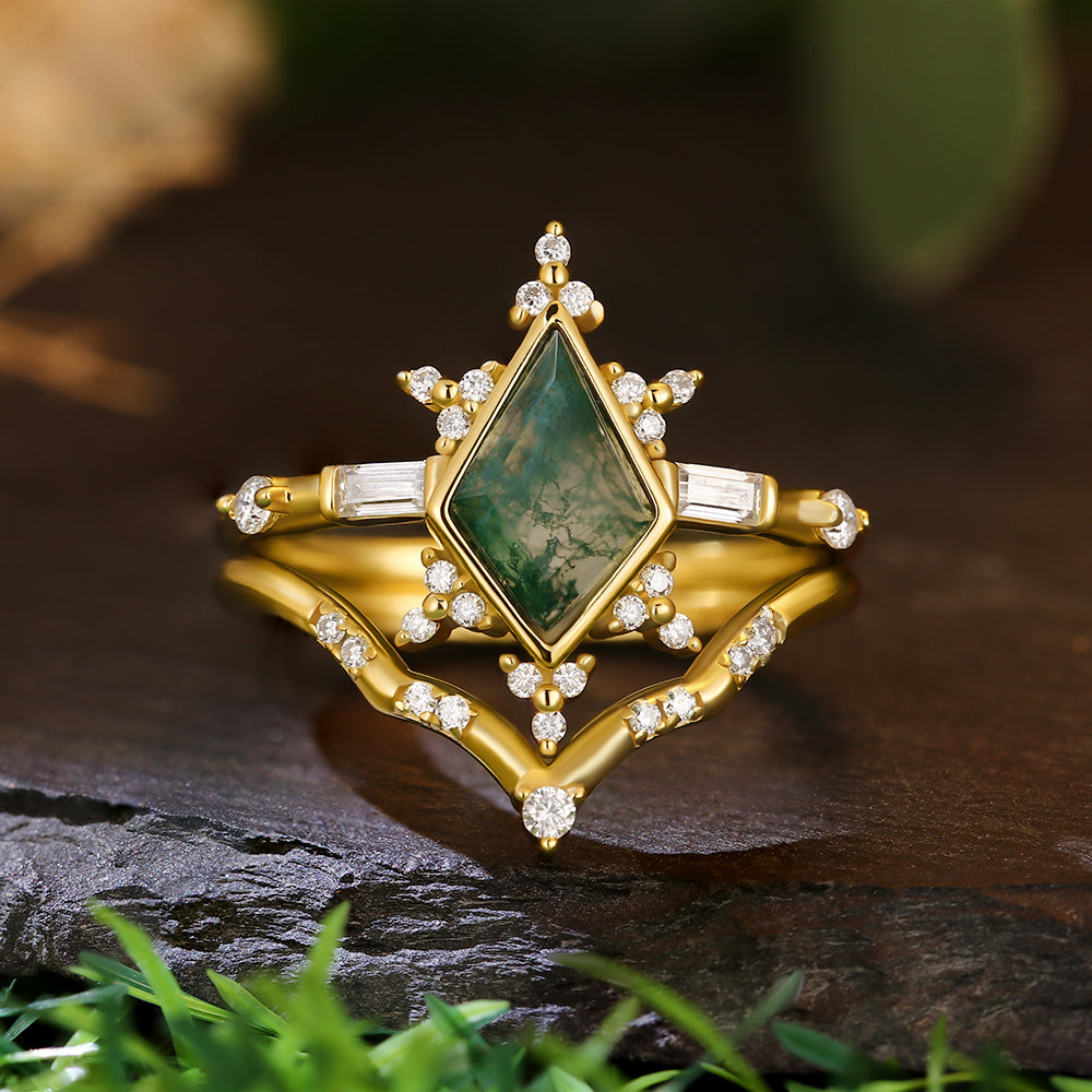 8x11mm Kite Cut Moss Agate Geometric Starburst Baguette Bridal Ring