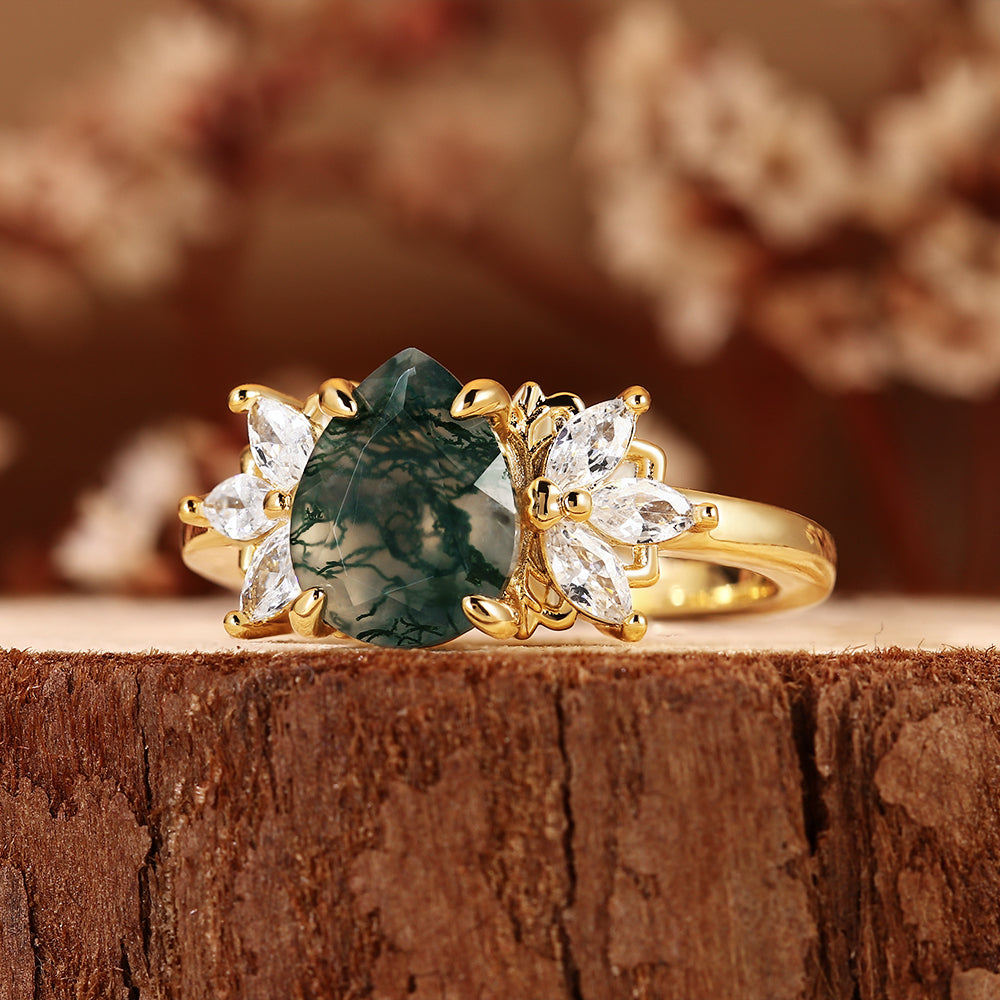 Botanical Pear Cut Moss Agate Vintage Marquise Cluster Leaf Engagement Ring