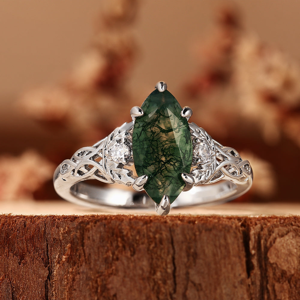 Botanical Marquise Cut Moss Agate Leaves & Celtic Knot Engagement Ring