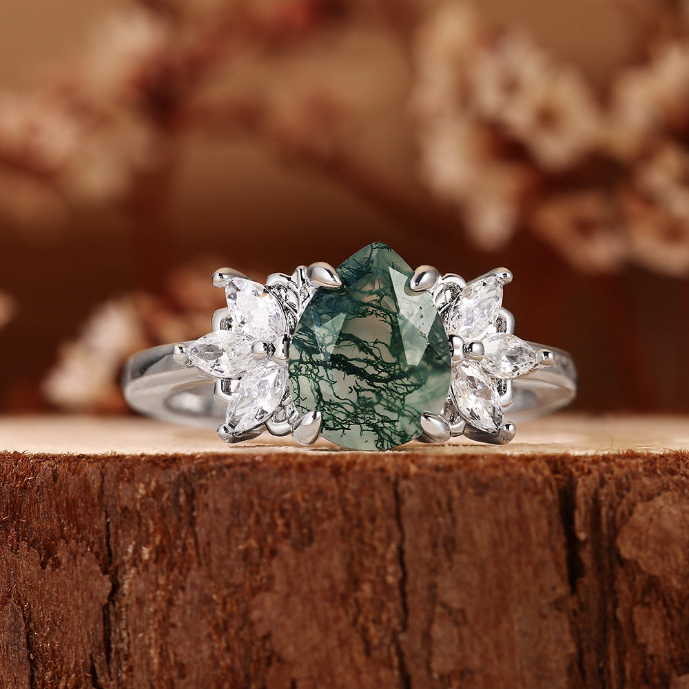 Botanical Pear Cut Moss Agate Vintage Marquise Cluster Leaf Engagement Ring