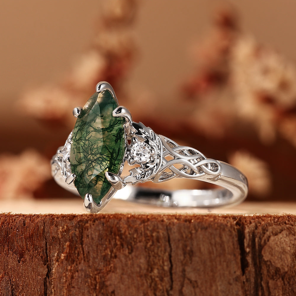 Botanical Marquise Cut Moss Agate Leaves & Celtic Knot Engagement Ring