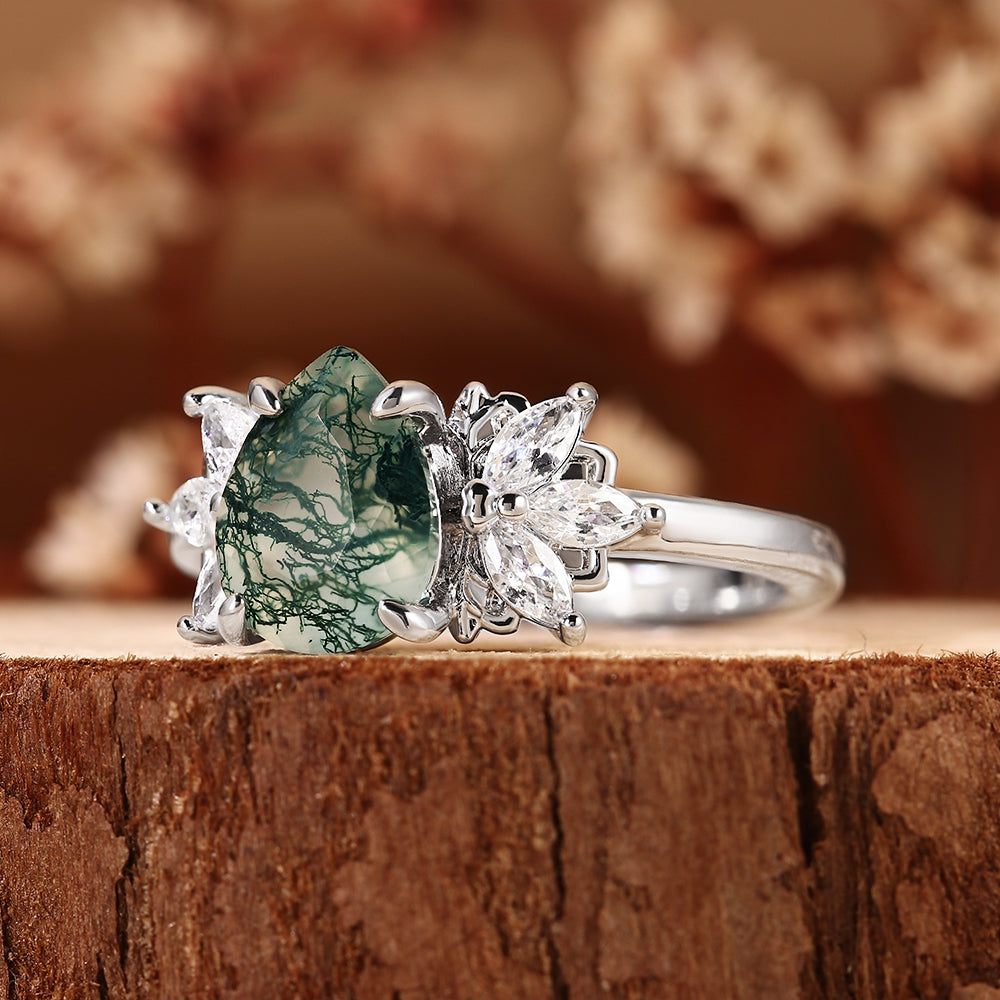 Botanical Pear Cut Moss Agate Vintage Marquise Cluster Leaf Engagement Ring