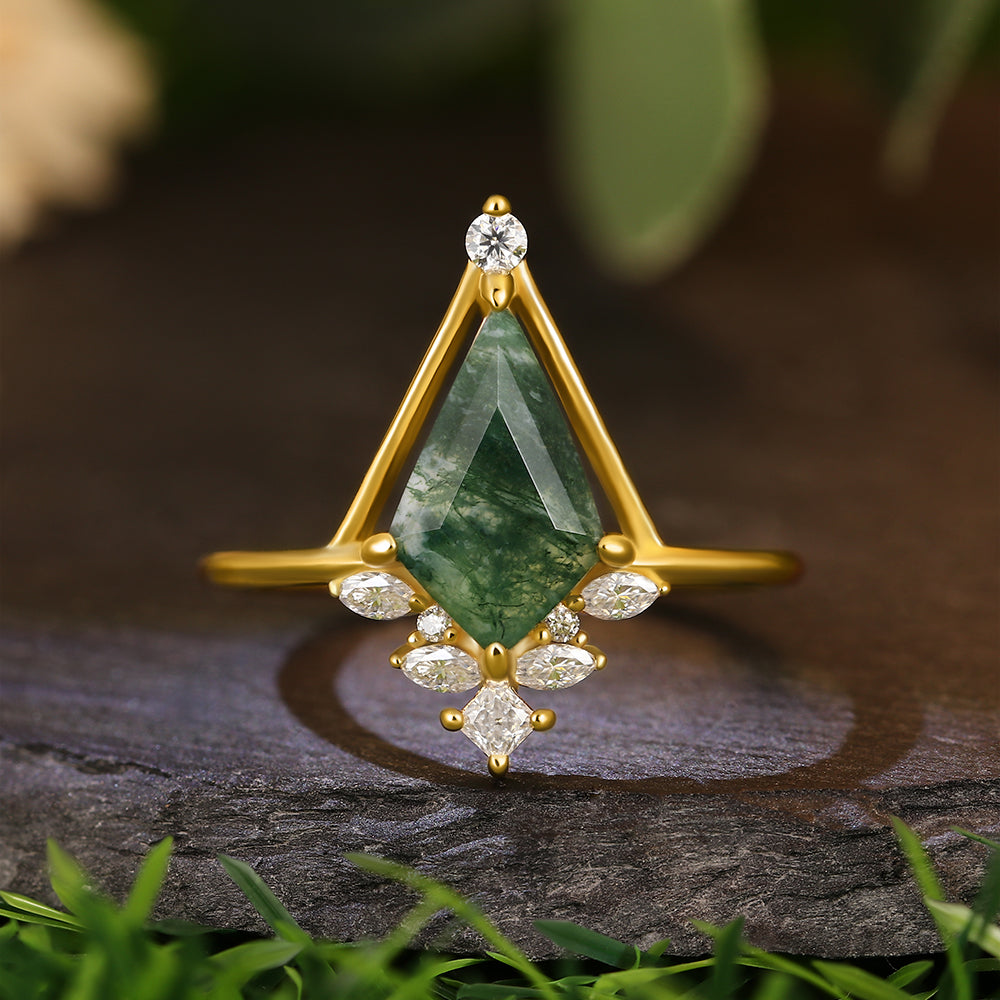 8x12mm Kite Cut Moss Agate Geometric Triangle Engagement Ring