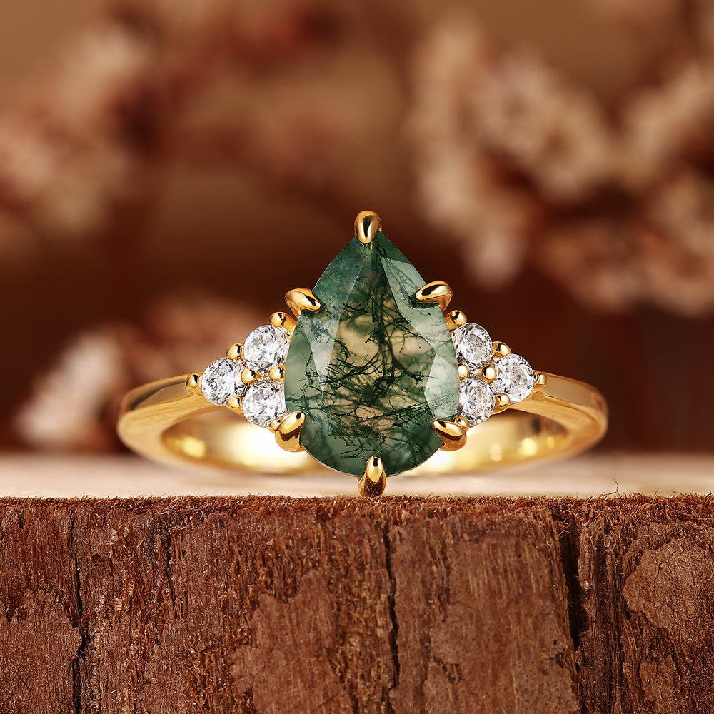 Nature Inspired Unique Pear Cut Moss Agate Vintage Cluster Engagement Ring