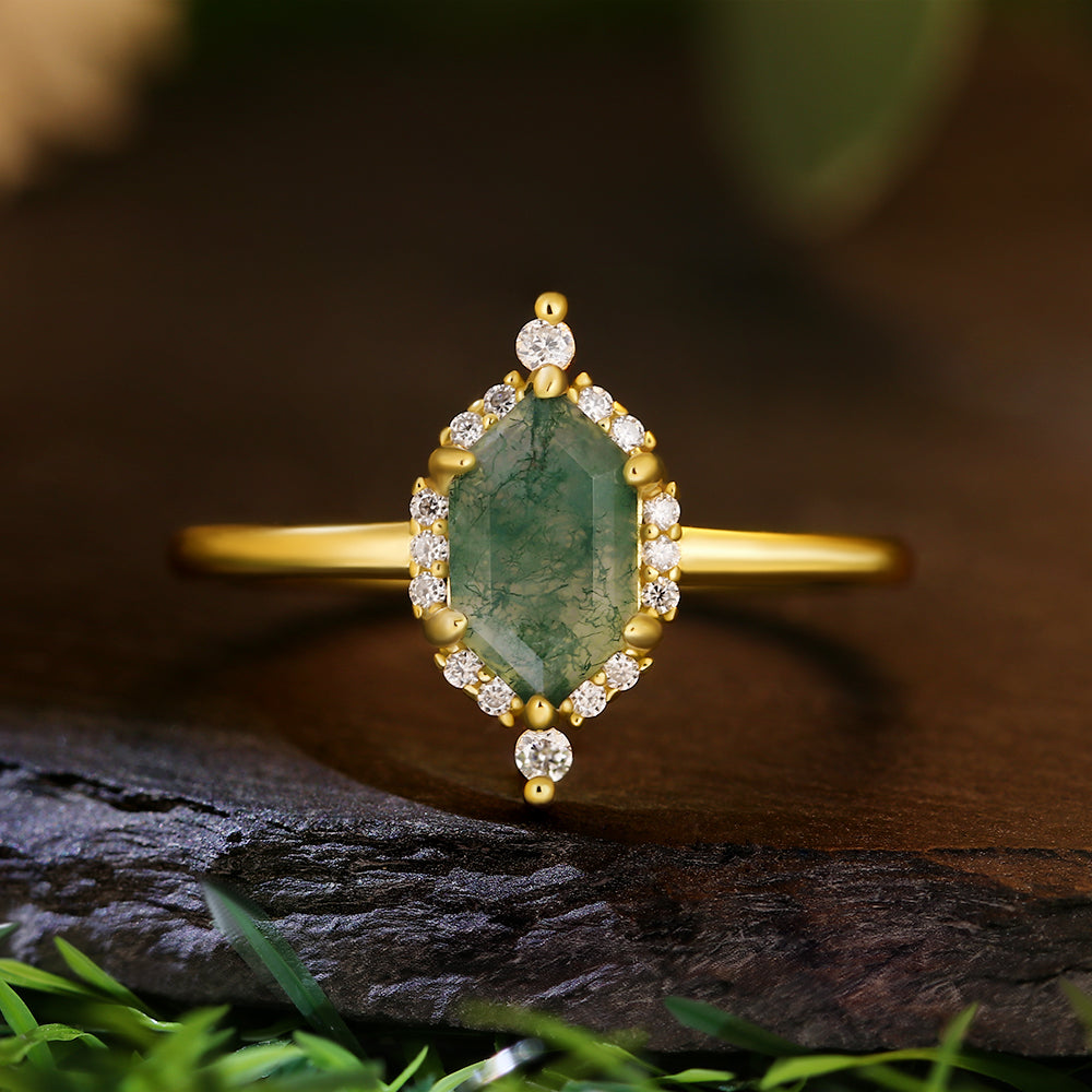 5x8mm Hexagon Cut Moss Agate Vintage Halo Engagement Ring