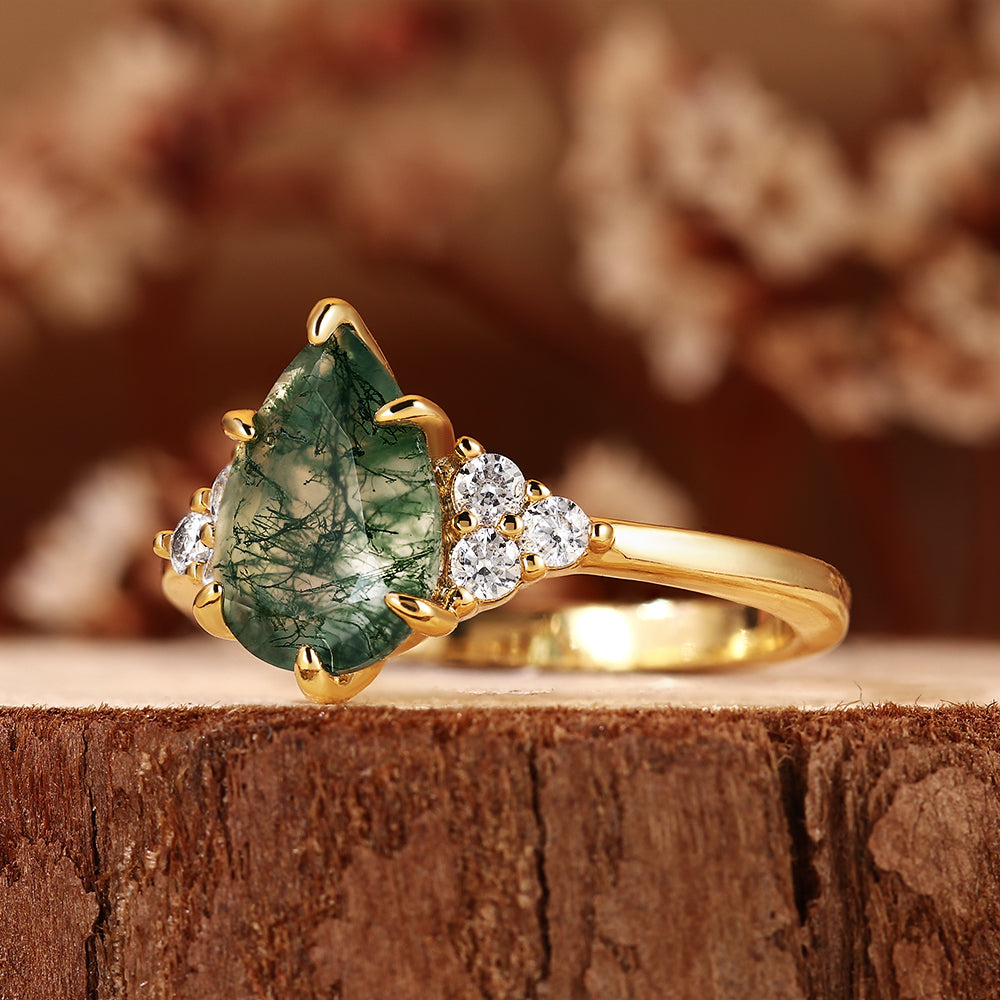 Nature Inspired Unique Pear Cut Moss Agate Vintage Cluster Engagement Ring