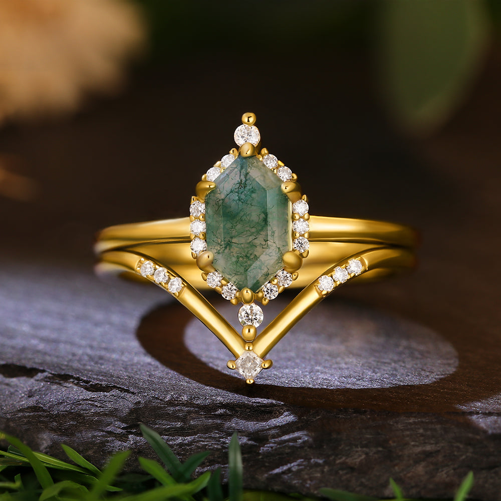 5x8mm Hexagon Cut Moss Agate Geometric V-Halo Bridal Ring