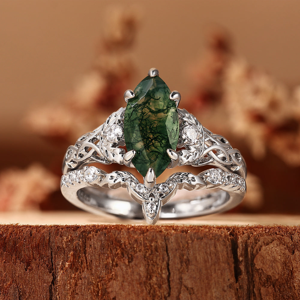 Vintage Marquise Cut Leaf Accent Celtic Knot Moss Agate Bridal Set