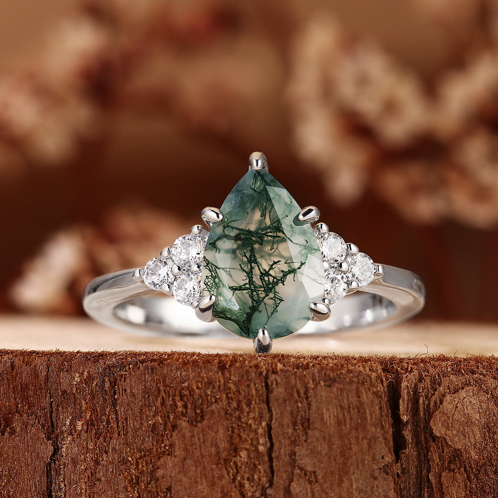 Nature Inspired Unique Pear Cut Moss Agate Vintage Cluster Engagement Ring