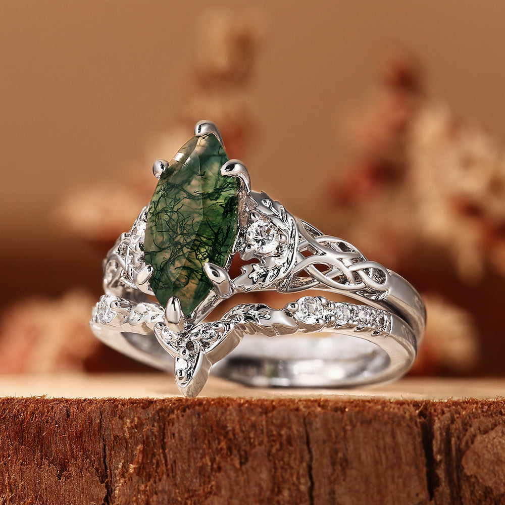 Vintage Marquise Cut Leaf Accent Celtic Knot Moss Agate Bridal Set